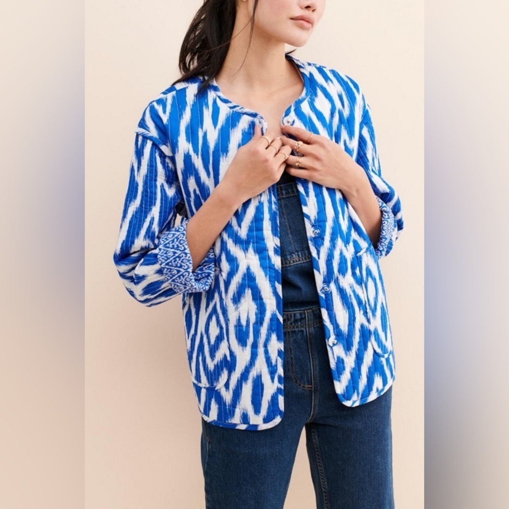 Blue and White Quilted Anthropologie Cotton Jacket S/XS